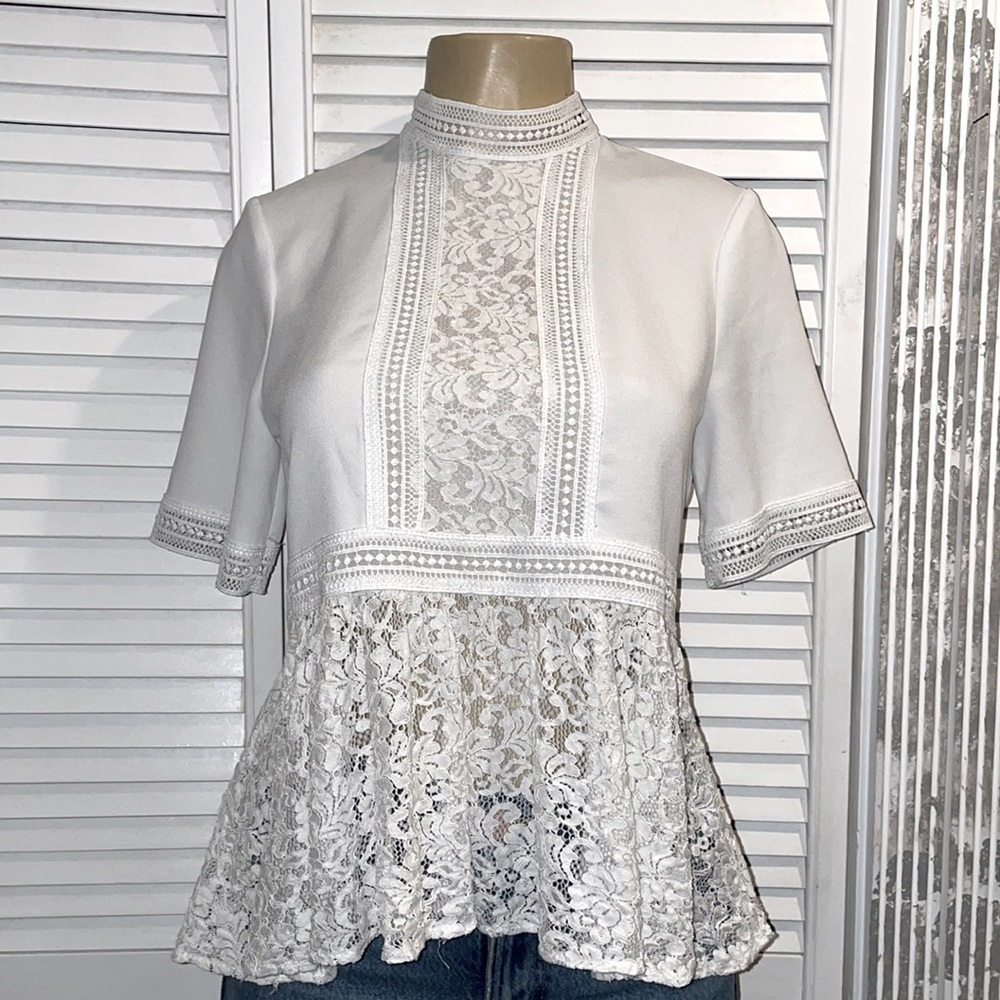 Zara Lace Panel Peplum High Neck Short Sleeve Blouse Size XS - Picture 4 of 9